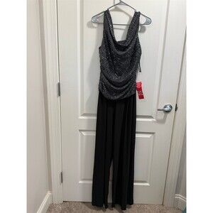 R&M Richards Jumpsuit Womens Size 16 Black Sequin Cowl Neck Wide-Leg